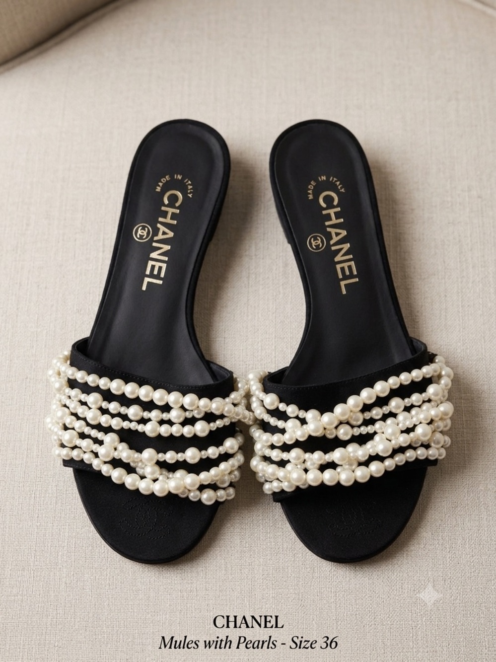 Authentic Chanel Interlocking CC Pearl Strand Slides